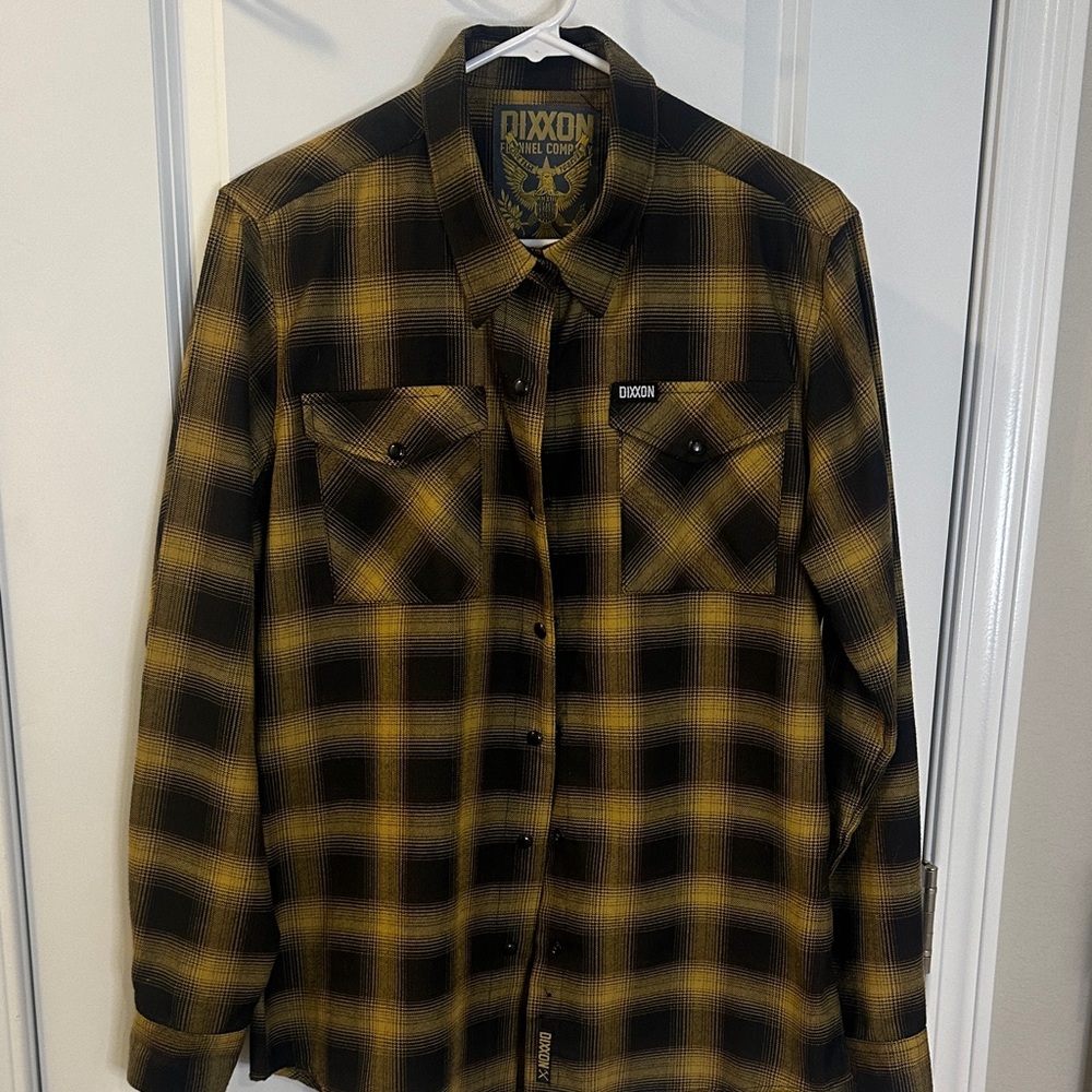 Women’s DIXXON Black & Yellow Plaid Flannel Shirt “The Gold Standard” size large